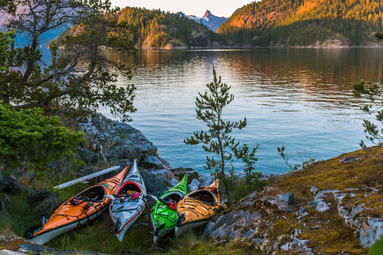 Kayaks at camp on the Curme Island in Desolation Sound Marine Provincial Park