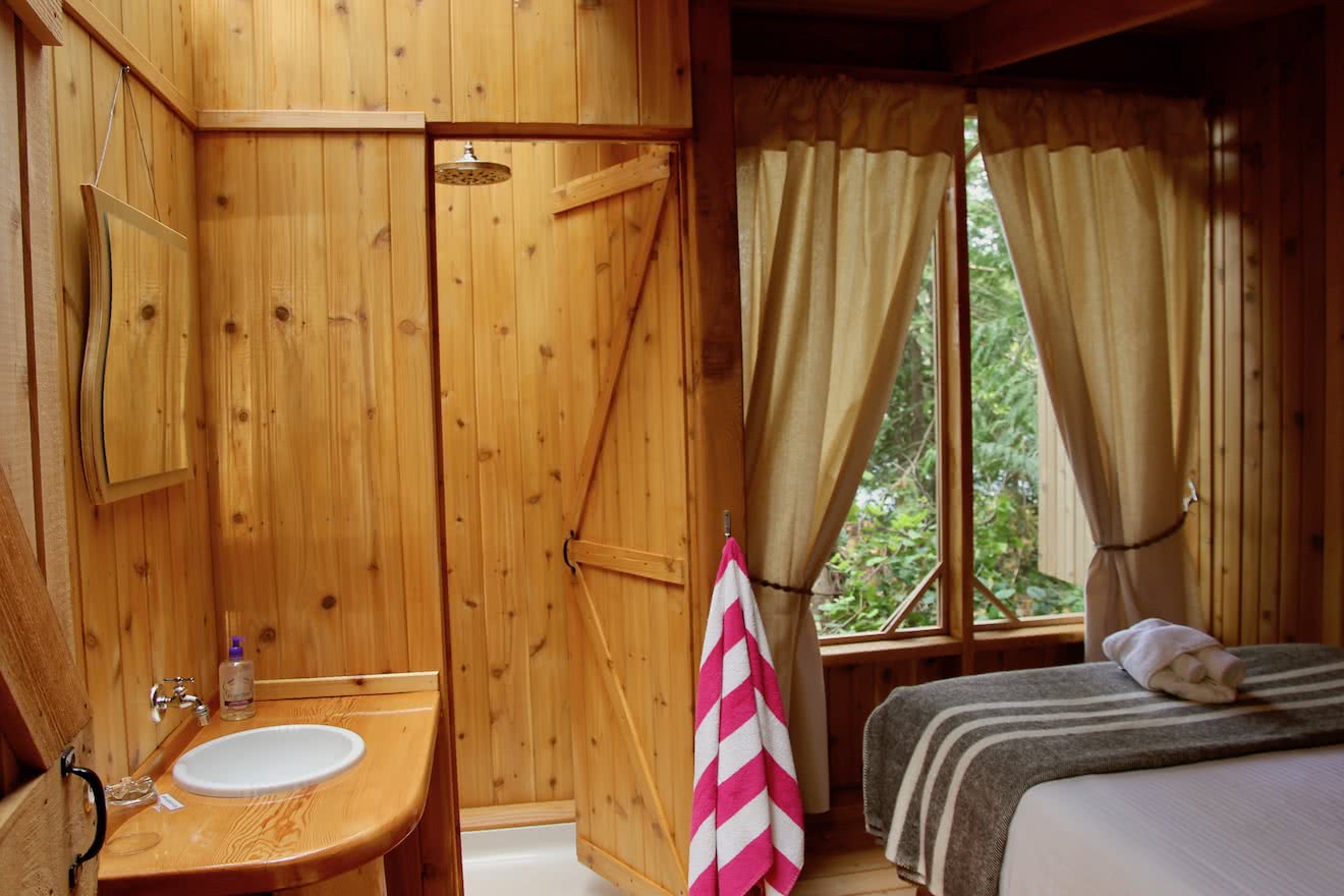 An interior shot of the cabana-style accommodation at Cabana Desolation Eco Resort in Desolation Sound.