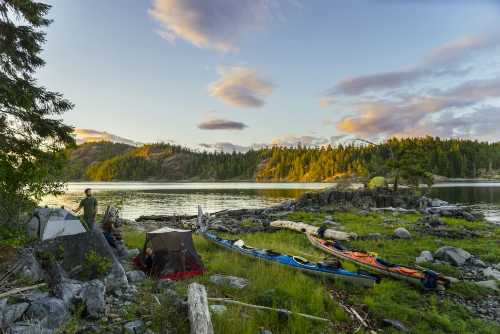 A group of campers on a sea kayak tour in British Columbia