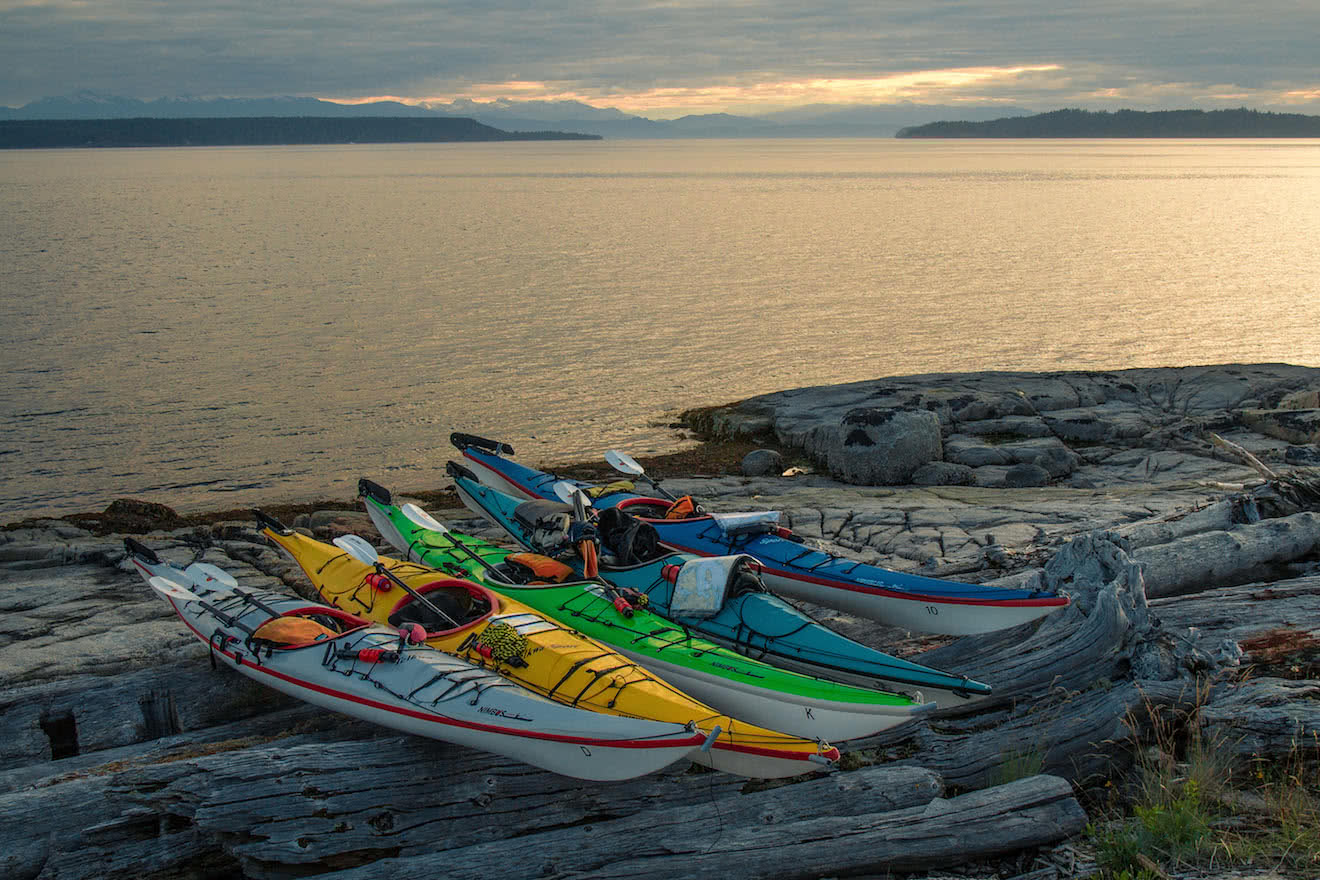 Sea kayak rentals stored safely for the night in the Copeland Islands