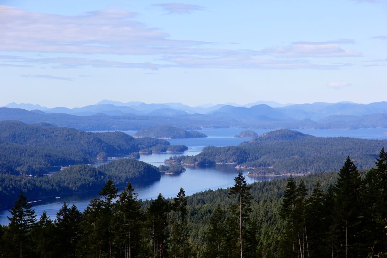 A photo of the islands and passages of Desolation Sound BC taken from above Okeover Inlet