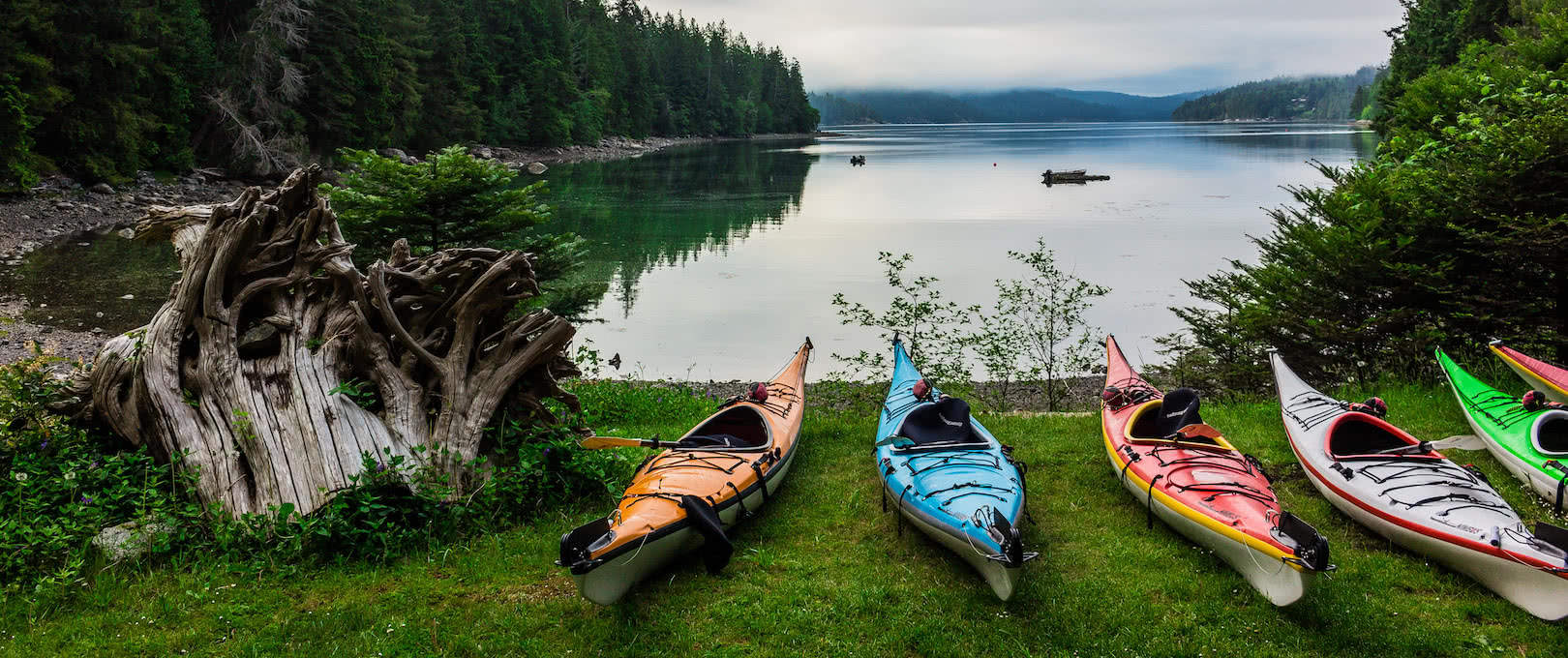 Kayaks staged for one of our multi-day kayak tours in Okeover Inlet, 120km north of Vancouver