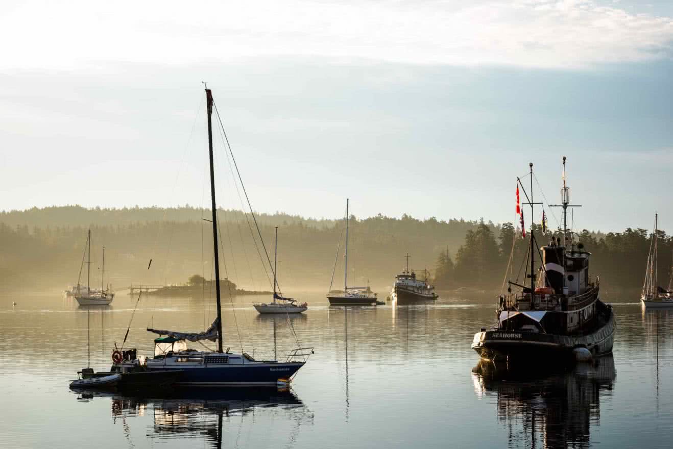 Boats anchored off Saltspring Island in the BC Gulf Islands