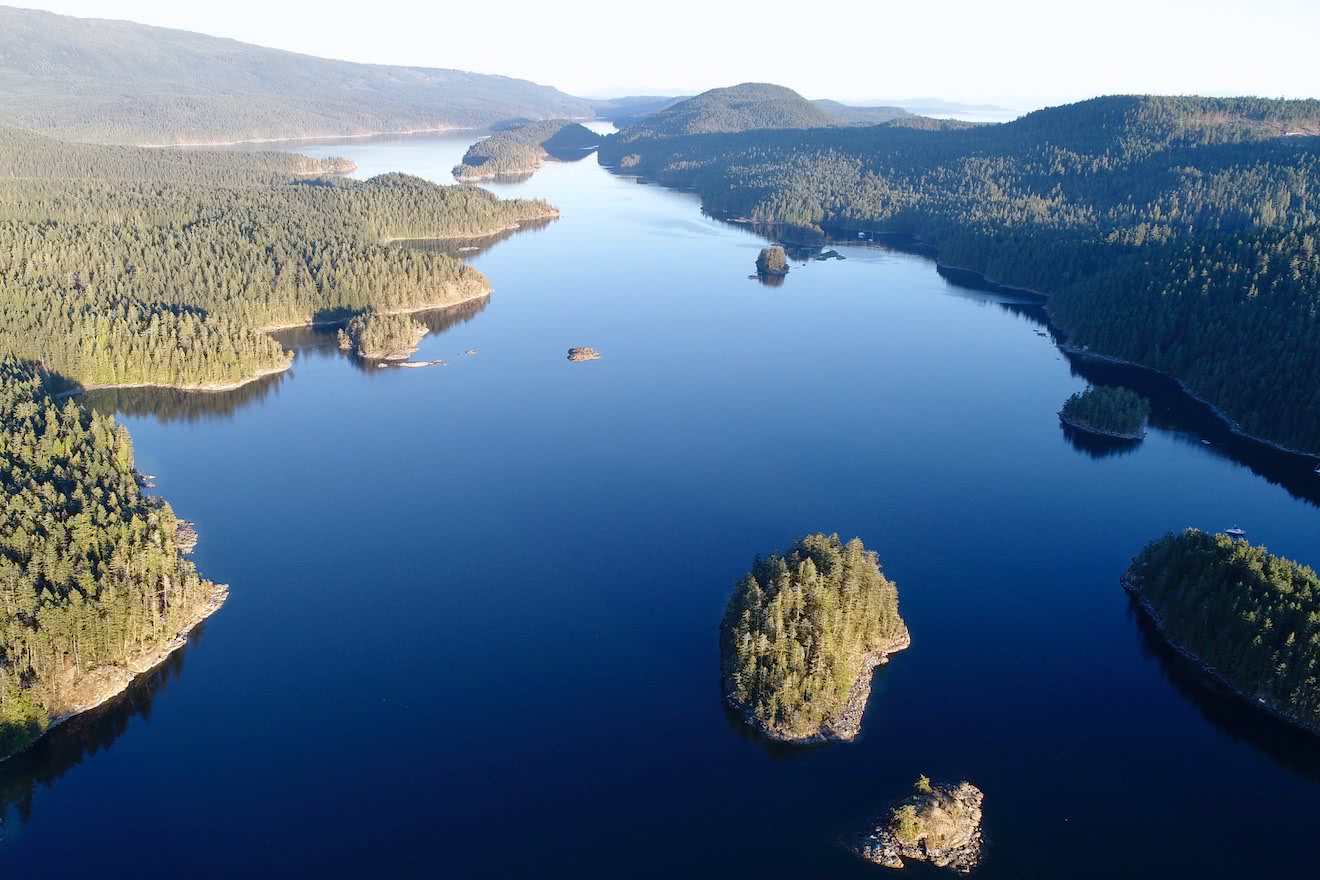 An aerial shot of Malaspina and Okeover Inlet