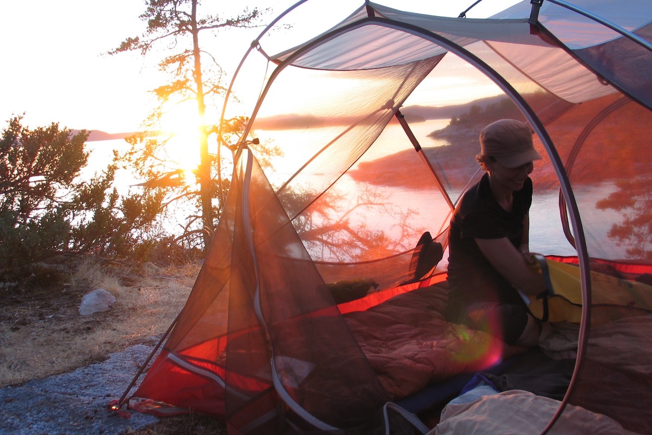 A tent with the sunset at the Copeland Islands Provincial Park