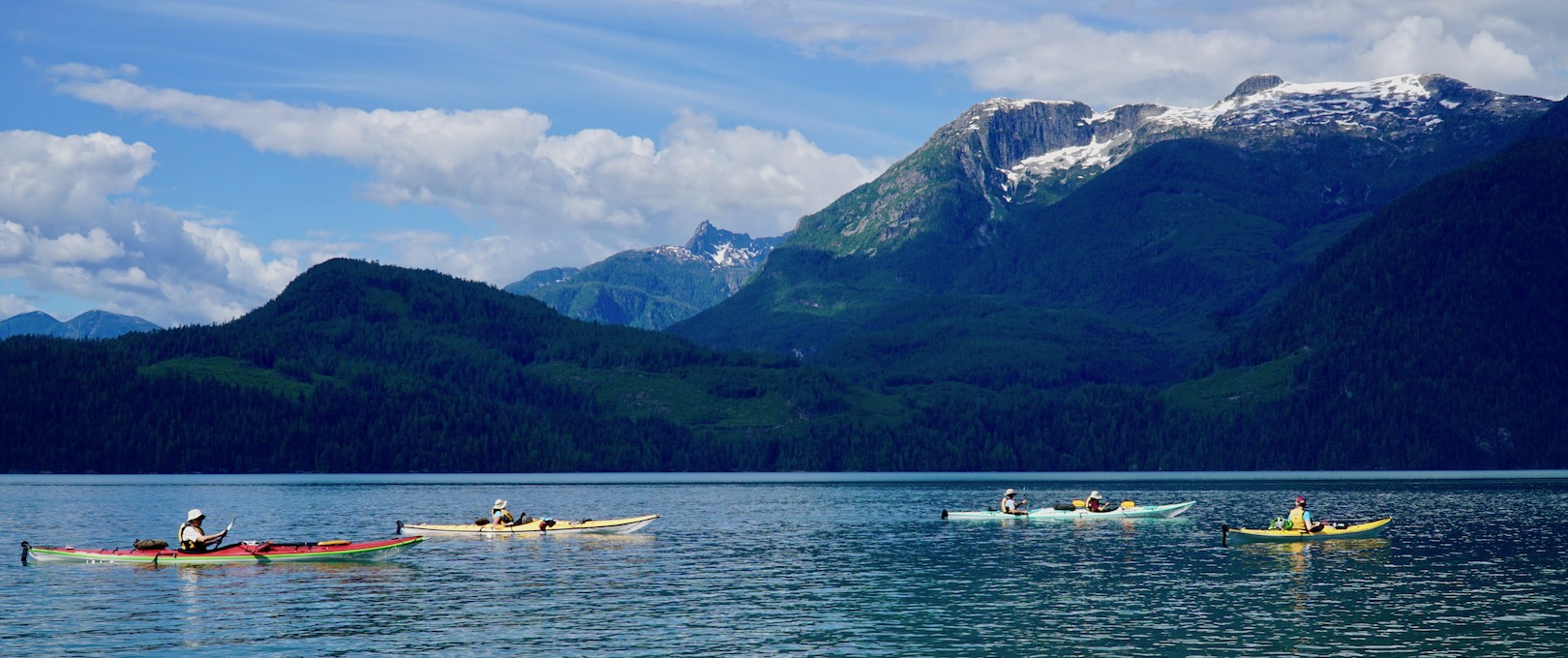 A group of kayakers paddling beneath the huge whitecapped peaks in Toba Inlet
