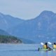 Two paddlers in a double kayak paddling in Desolation Sound and appreciating Mount Denman