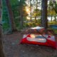 An MSR tent without a fly at the Martin Island in Desolation Sound with a sunset