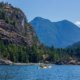 two people in kayak admiring mountain