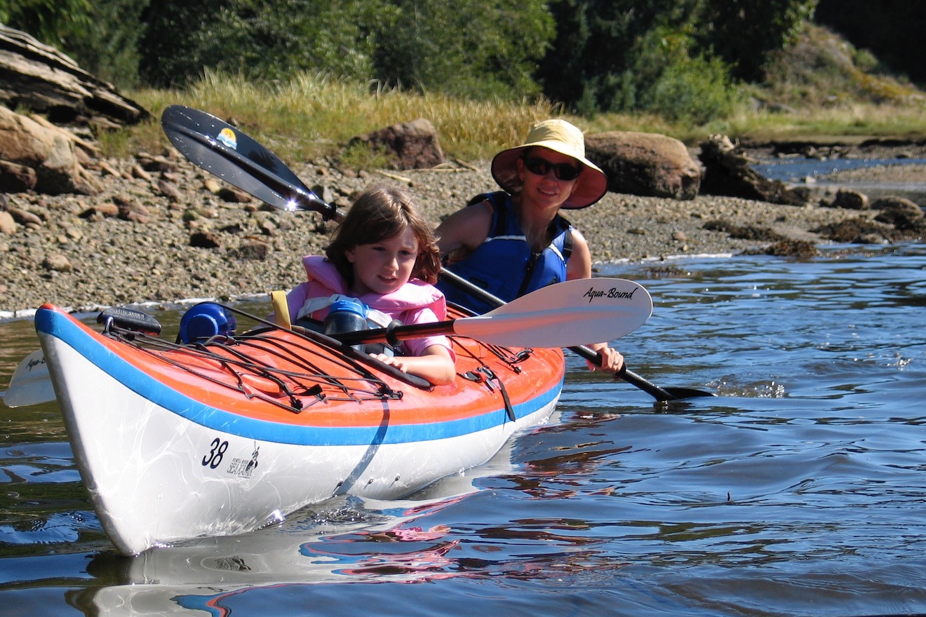 Mother and daughter paddling a double kayak