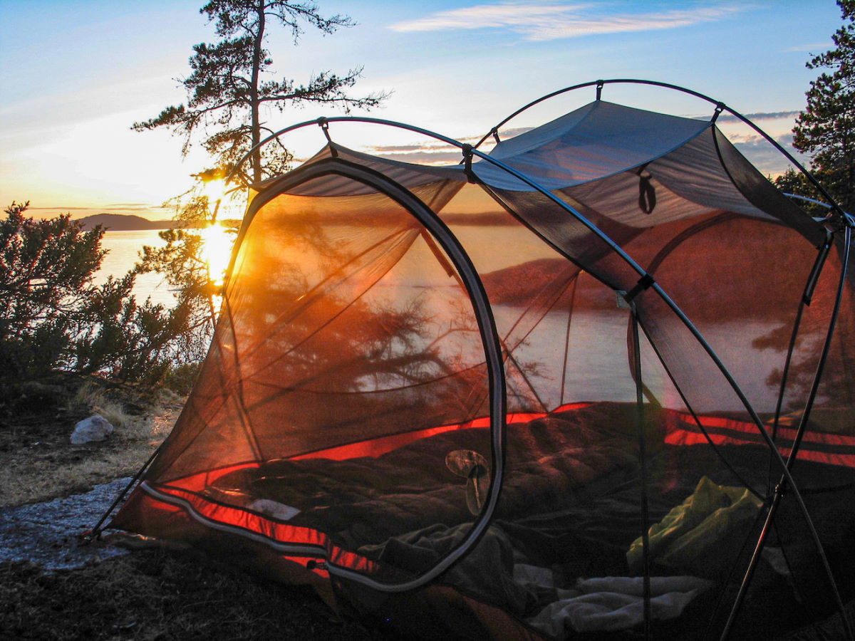 tent setup with sunset view