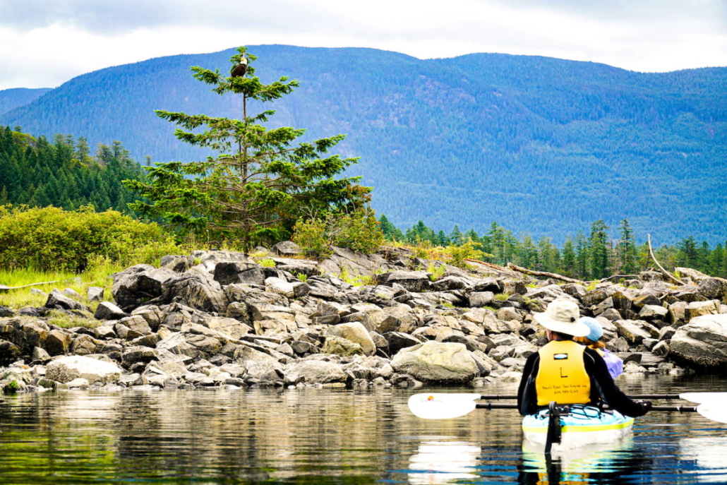 kayaking near shoreline yellow life vest